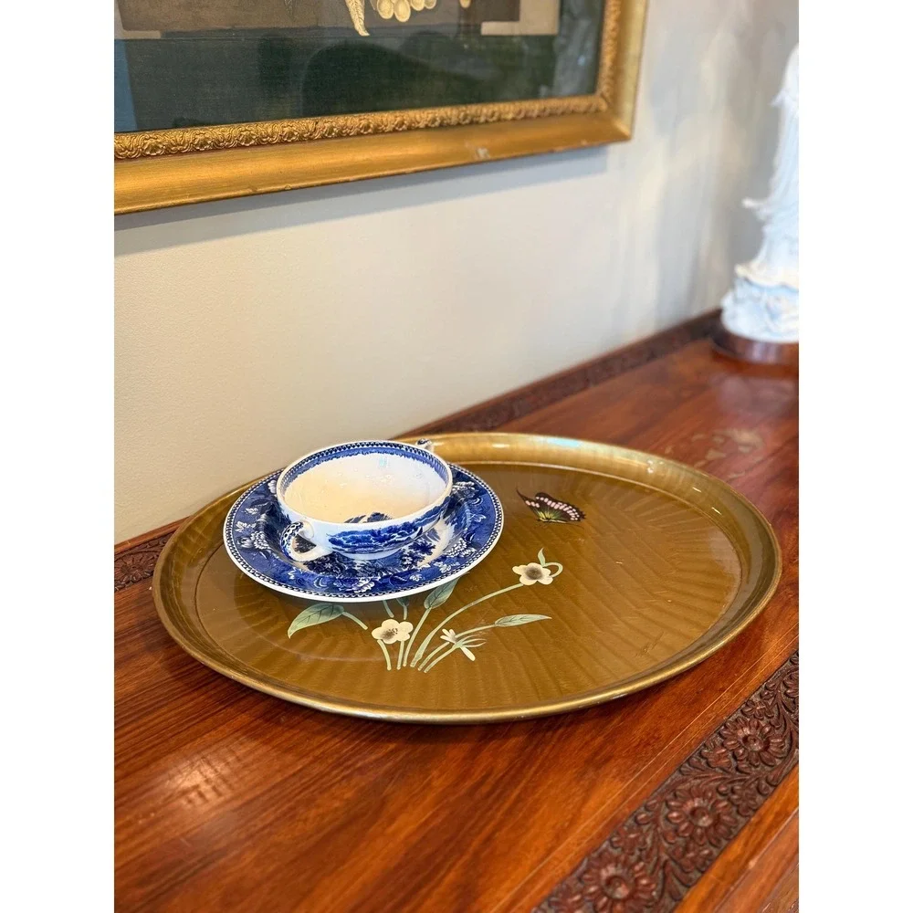 Vintage Gold Lacquer Tray, Hand Painted Butterfly Oval‎ Serving Tray - 18